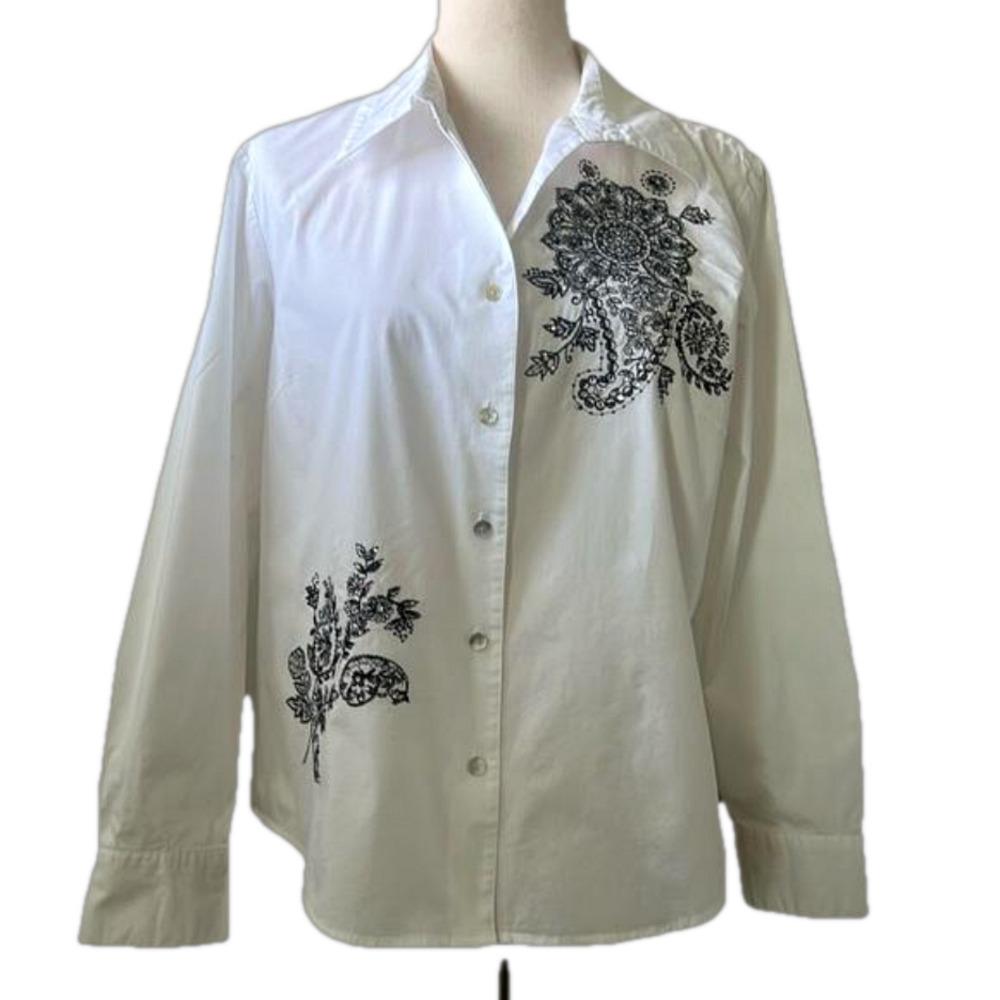 Coldwater Creek White Button Down Black Paisley‎ Bandana & Rhinestones Size PL